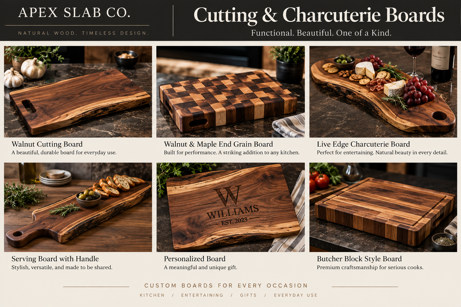 Six cutting and charcuterie board design examples