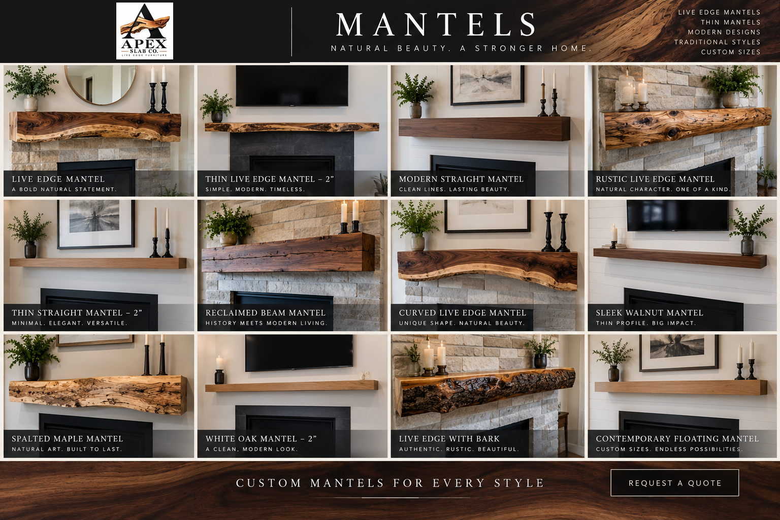 Live edge, straight edge and thin two-inch mantel design inspiration