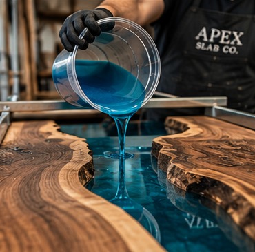 Pouring epoxy resin into a custom river table