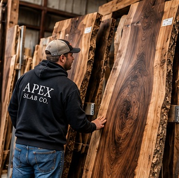 Selecting a live edge hardwood slab in the workshop