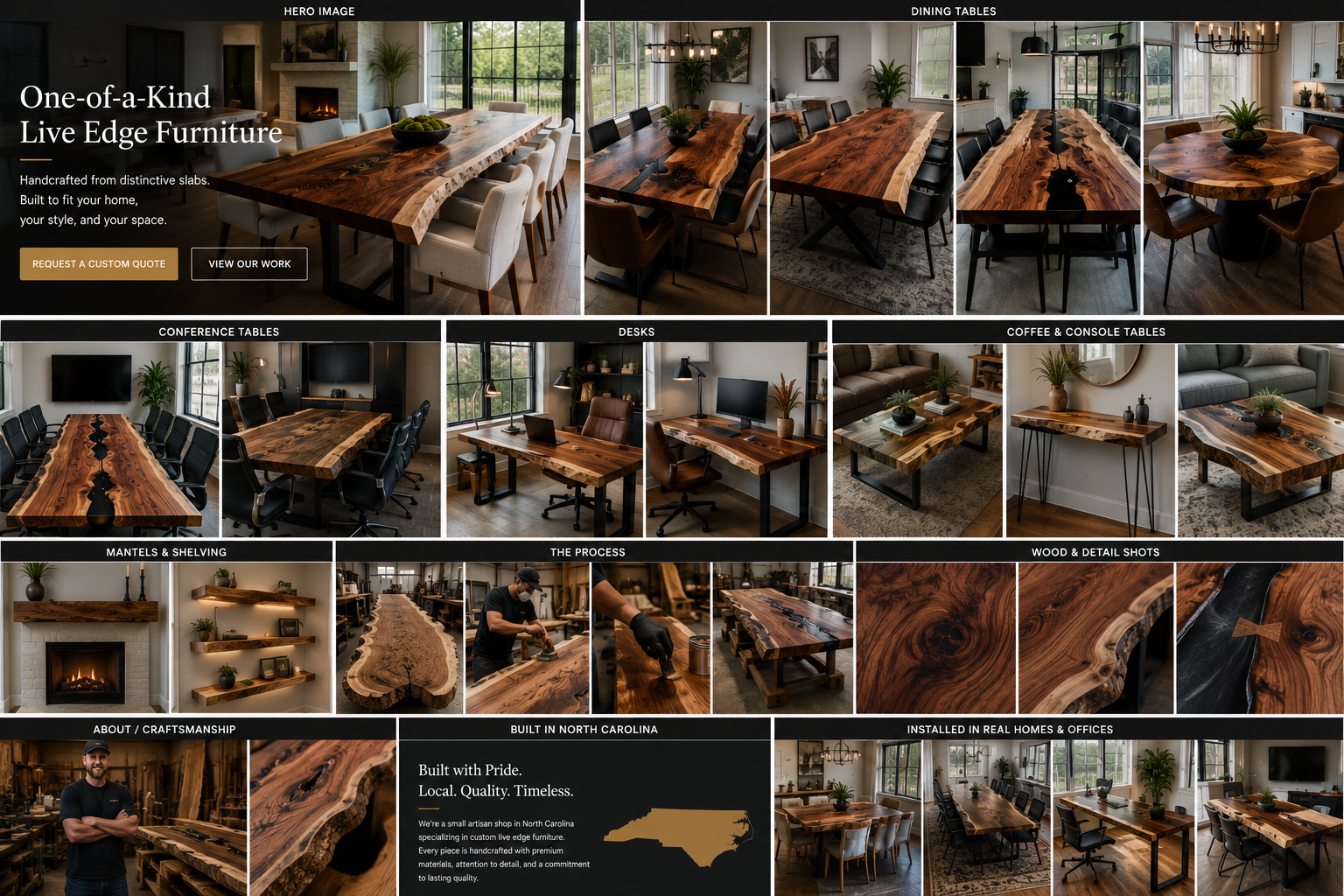 Live edge furniture collection featuring dining tables, conference tables, desks, coffee tables, mantels and woodworking details