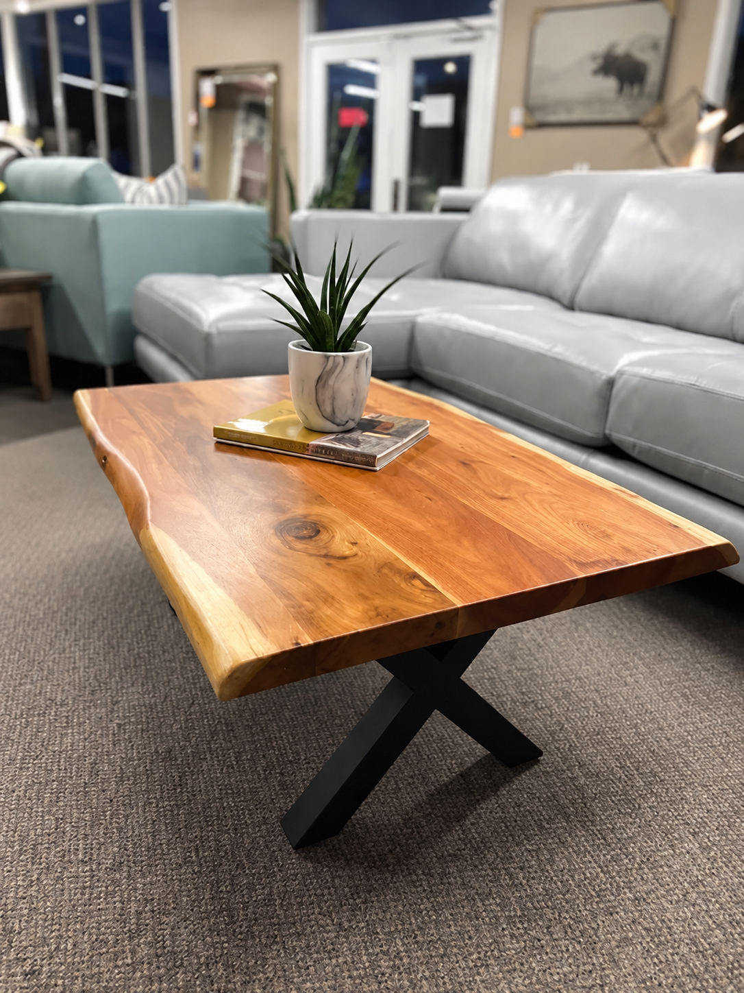 Natural grain and finish of a handcrafted live edge wood table